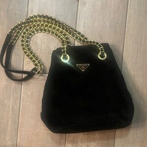 Prada Black Velvet Shoulder Bag with Gold Chain